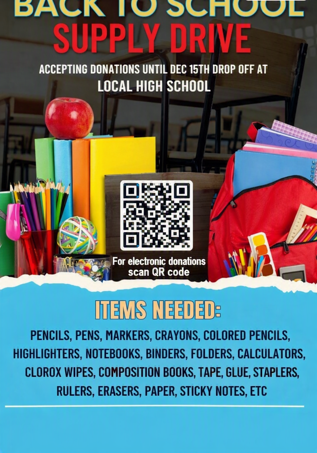 Back-to-school supply drive — donors give without a checkbook or trip to the store.