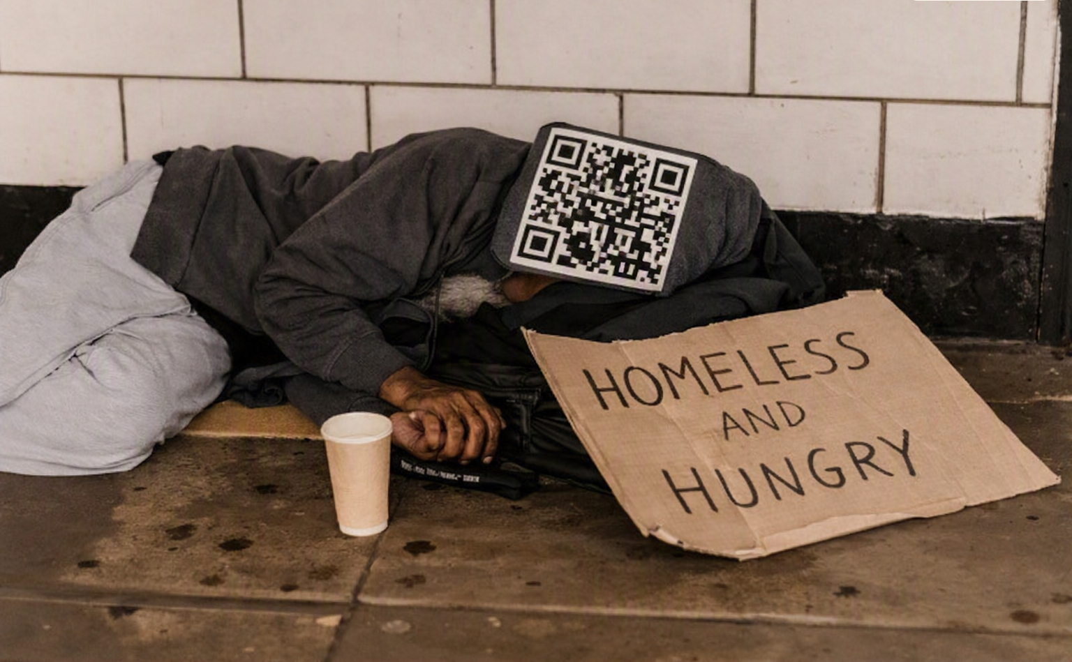 The QR covers the face — donors get to help without a stranger's identity on display.